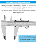 8 Inch Vernier Caliper Stainless Steel Precision Measuring Tool with dual scale close-up, showing measurements and laser-engraved scale.