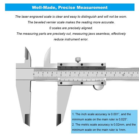 8 Inch Vernier Caliper Stainless Steel Precision Measuring Tool with dual scale close-up, showing measurements and laser-engraved scale.