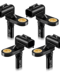 Five black ABS wheel speed sensors with gold mounting bolts and electrical connectors, angled views.