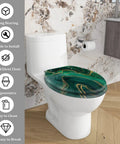Elongated Resin Toilet Seat Cover for Bathroom in green and gold design, fits standard toilets, ergonomic and easy to clean.