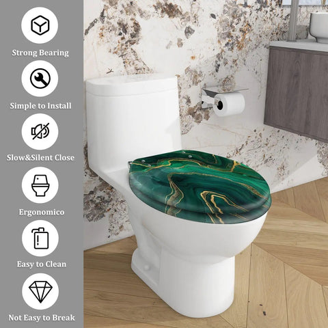 Elongated Resin Toilet Seat Cover for Bathroom in green and gold design, fits standard toilets, ergonomic and easy to clean.