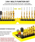 3-In-1 Drill And Tap Set With HSS Titanium Coated Bits, Quick-Change Adapter, 13-Piece Kit displayed in yellow storage box