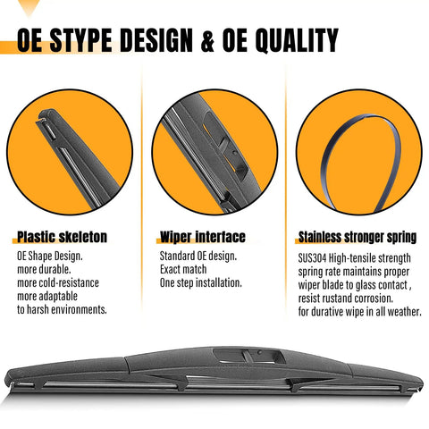 Diagram showing OE type design details of Subaru 14 Inch Rear Wiper Blade Replacement For Forester Outback Impreza Tribeca Ascent