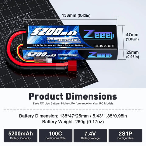 Beefy 2S 5200mAh 7.4V 100C LiPo Battery With T Connector For RC Cars Trucks Buggy Losi Models 2 Pack High Discharge Power