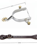 Two Piece Horse Spurs Set For Cowboy Boots With Adjustable Leather Spur Straps, stainless steel and copper gears, measurements shown.