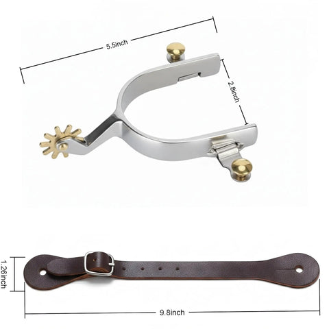 Two Piece Horse Spurs Set For Cowboy Boots With Adjustable Leather Spur Straps, stainless steel and copper gears, measurements shown.