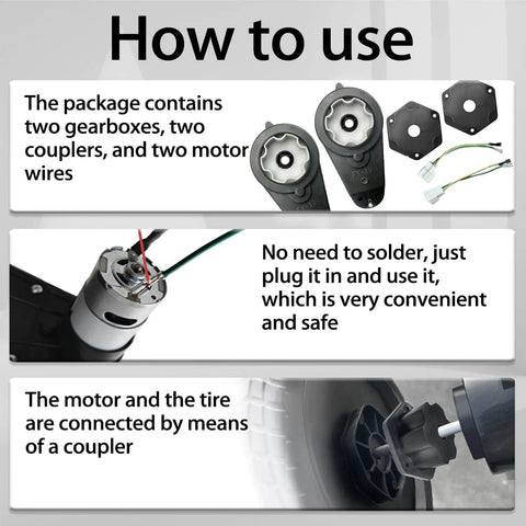 How-to-use guide for 2 Pack RS555 High Torque Motor Gearbox Upgrade Kit For 18V 21V Ride On Toys Replacement Parts