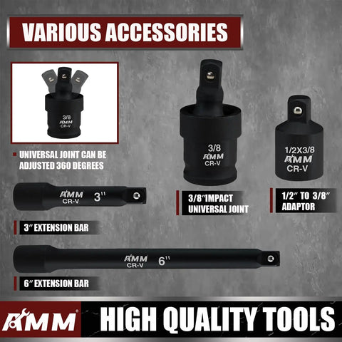 Impact Socket Set 48-Piece With SAE And Metric Sockets, showing adaptors, extension bars, and universal joint.