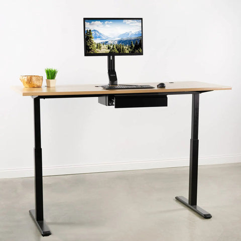 Under Desk Pullout Drawer 18 Inch Slide Out Storage Organizer For Home Office Black Keeps Clutter Down And Workflow Smooth With Easy Access Desk Hack DESKAC03B visible under modern desk with monitor stand.