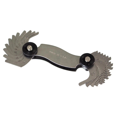 Made In USA Pro Grade Screw Pitch Gauge With 22 Leaves For 9 To 40 TPI English Thread Gage Tool And Precision Steel Thread Measuring Instrument For Automotive Machinery And General Fasteners, unfolded view with visible leaves.