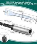 100 Piece 2 Inch Eye Lag Screws Featuring Self Tapping Drilling Points For Heavy Duty Construction And Home Reno Projects Includes Kickass Fastening Driver Bit For Quick No Sweat Installs showing screw and driver dimensions.