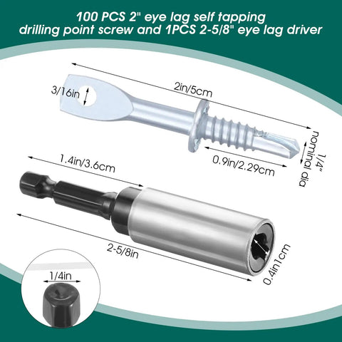 100 Piece 2 Inch Eye Lag Screws Featuring Self Tapping Drilling Points For Heavy Duty Construction And Home Reno Projects Includes Kickass Fastening Driver Bit For Quick No Sweat Installs showing screw and driver dimensions.