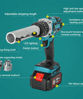 Heavy Duty Electric Wire Stripper And Cutter Peeling Tool With Lithium Battery For Copper Cable Stripping Length Adjustment Soft Grip Handle, showing adjustable features and 18V lithium battery.