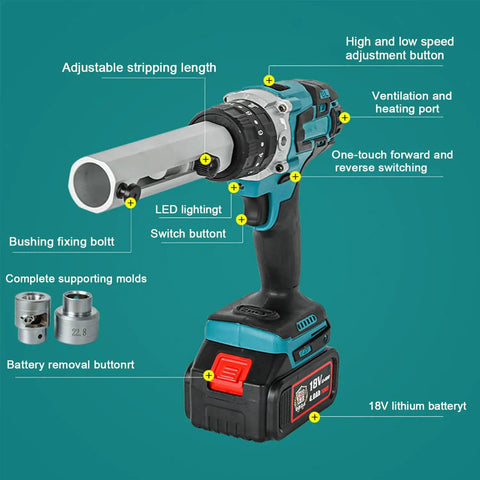 Heavy Duty Electric Wire Stripper And Cutter Peeling Tool With Lithium Battery For Copper Cable Stripping Length Adjustment Soft Grip Handle, showing adjustable features and 18V lithium battery.