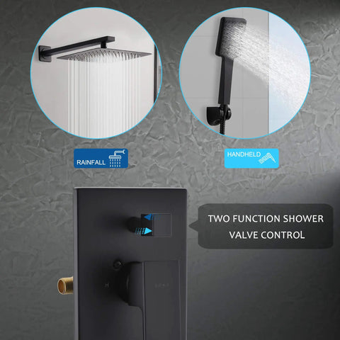 Matte Black 10 Inch Rainfall Shower Head With Boss High Pressure Handheld Kit, valve and wall mount details shown