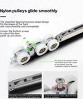 Nylon pulleys glide smoothly, part of Slick Heavy Duty Pivot Hinge Moves Like Butter With Invisible 90 Degree Rotation supporting 154 lbs.