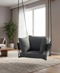 Single Porch Swing Chair With Cushions, Indoor Outdoor Hanging Rope Swing, Macrame Hammock Chair For Patio Balcony Or Bedroom, Dark Grey, Extra Thick Cotton Linen Cushions For Ultimate Comfort And Chill