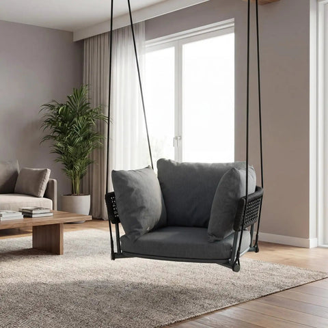 Single Porch Swing Chair With Cushions, Indoor Outdoor Hanging Rope Swing, Macrame Hammock Chair For Patio Balcony Or Bedroom, Dark Grey, Extra Thick Cotton Linen Cushions For Ultimate Comfort And Chill