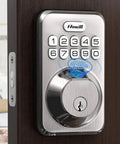 Smart Fingerprint Door Lock With Keyless Entry And 20 Biometric Fingerprints For Quick Access No Key Fumbles Auto Anti Peeping Password And User Codes IP54 Waterproof Easy Install And Fast Unlock For Your Home with numeric keypad and fingerprint scanner on a wooden door.