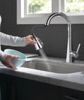Person using Lenta Chrome Kitchen Faucet with Pull Down Sprayer, modern single hole sink tap, in kitchen setting