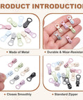 30 Pack Zipper Sliders Size Three Metal Repair Replacement With Zip Pull No Sewing Needed For Bags Wallets Jackets And Closed End Zippers Purple Great For DIY Repairs And Everyday Fixes displayed with various colors and features