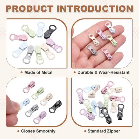 30 Pack Zipper Sliders Size Three Metal Repair Replacement With Zip Pull No Sewing Needed For Bags Wallets Jackets And Closed End Zippers Purple Great For DIY Repairs And Everyday Fixes displayed with various colors and features