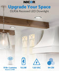 Dimmable LED recessed ceiling light, 5 inch size, 918 lumens, 2700K, installed in a modern kitchen setting.