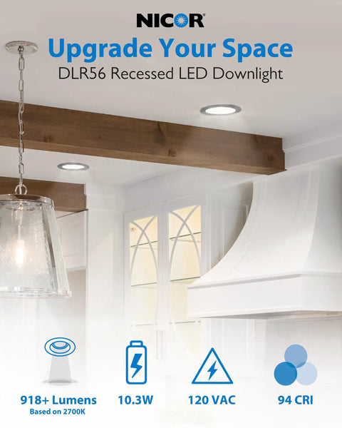 Dimmable LED recessed ceiling light, 5 inch size, 918 lumens, 2700K, installed in a modern kitchen setting.