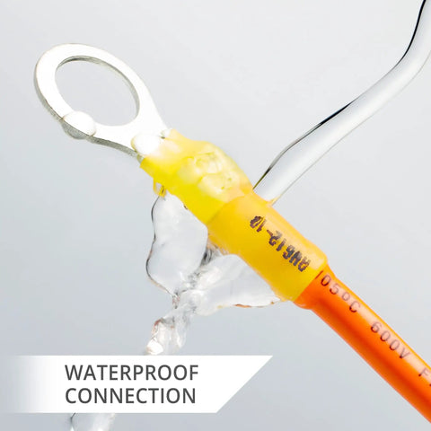 Close-up of Ultimate Heat Shrink Wire Connector Kit For Marine And Auto, showcasing waterproof design with water flowing over ring terminal.