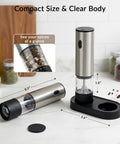2 Pack Rechargeable Electric Salt And Pepper Grinder Set With USB Type C Charging, stainless steel finish on countertop