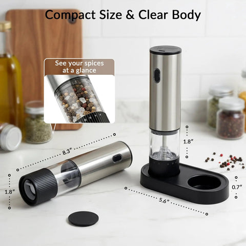 2 Pack Rechargeable Electric Salt And Pepper Grinder Set With USB Type C Charging, stainless steel finish on countertop