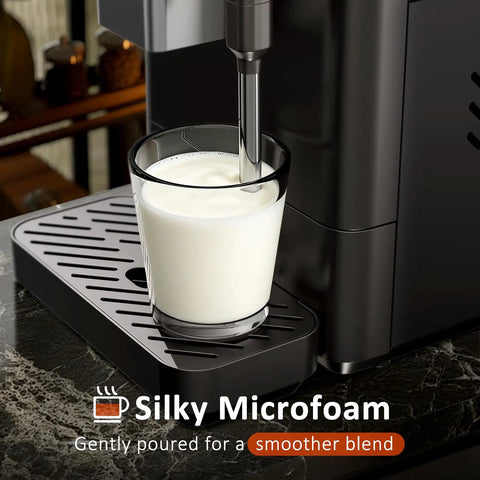Total Game Changer Automatic Espresso Machine With Built In Grinder 20 Bar Coffee Maker frothing milk for cappuccino preparation.