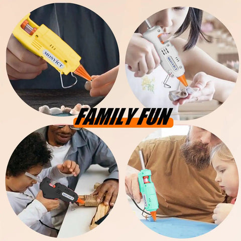 Collage of people using Fast Preheating Mini Glue Gun Kit with 30W power for DIY projects and crafts