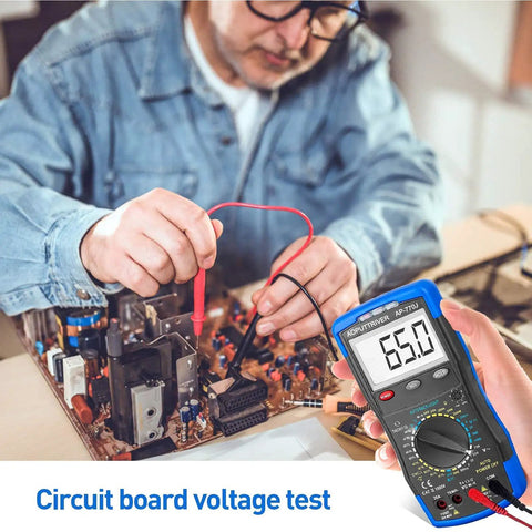 Man using Garage Ready Automotive Engine Analyzer Multimeter With NCV to test circuit board voltage.