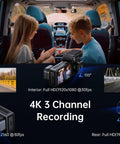 4K 3 Channel Dash Cam With Front Rear And Interior Cameras, showing interior and exterior camera views, and dash cam close-up