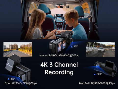 4K 3 Channel Dash Cam With Front Rear And Interior Cameras, showing interior and exterior camera views, and dash cam close-up