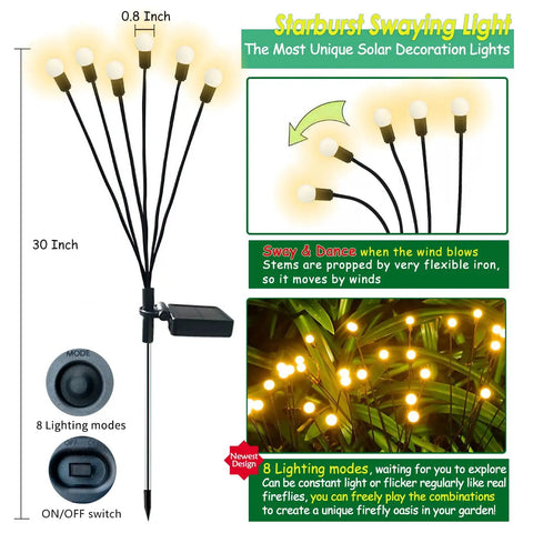 Solar Firefly Pathway Lights 6 Pack Warm White LED Garden Decor Waterproof Outdoor Lights with 8 Flicker Modes