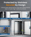 Heavy Duty 304 Stainless Steel Electrical Junction Box IP65 Waterproof Lockable Metal Enclosure, features include reinforced hinge and rubber seal.