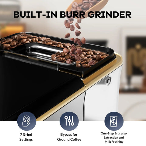 Super Automatic Espresso Machine With 20 Bar Pressure Pump And Built In Burr Grinder For Smooth Daily Grinds, showing beans in built-in burr grinder.