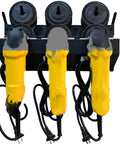 Three Bay Angle Grinder Holder With Disc Hook Rack for Garage or Workshop and Tool Trailer, holding grinders and discs