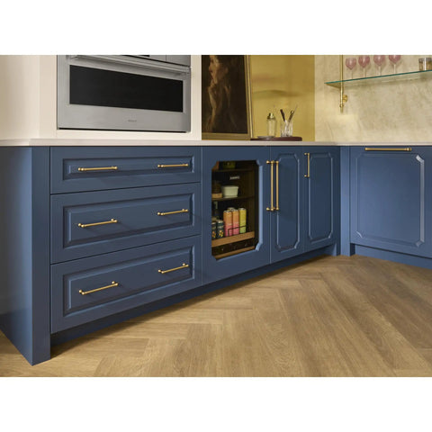 Kara 5 1/16 Inch Center To Center Bar Pull In Honey Bronze, Rugged Cabinet Hardware With Premium Feel, Built To Last, Smooth Grip, Lifetime Warranty, Elevates Kitchen And Bath Storage on blue cabinets