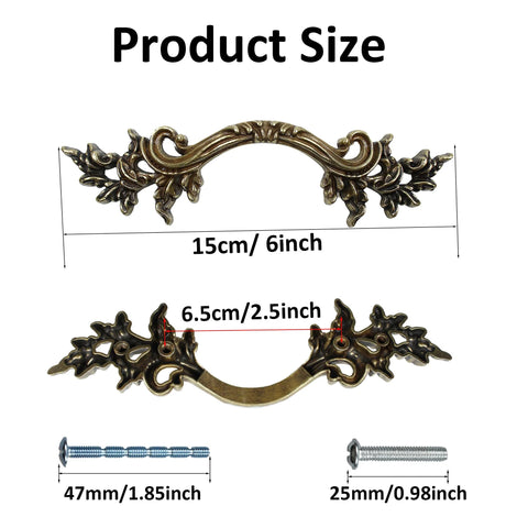 Two Pack 6 Inch Vintage Drawer Pulls In Antique Bronze European Style Cabinet Handles with detailed size measurements and screws.