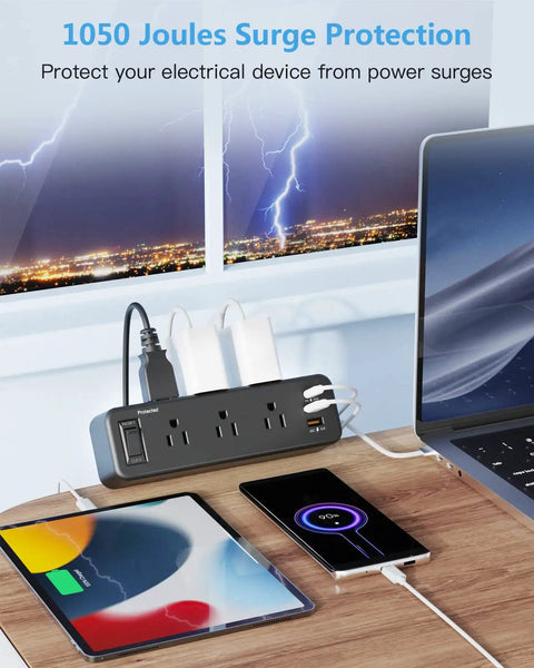 6 Outlet Desk Clamp Power Strip With USB-C And USB-A, flat plug surge protector on desk charging devices, lightning outside window