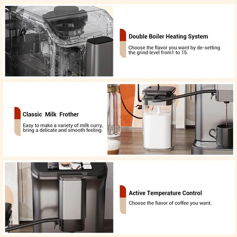 Brew Barista Grade Coffee With This Fully Automatic Espresso Machine featuring Double Boiler, Classic Milk Frother, and Active Temperature Control.