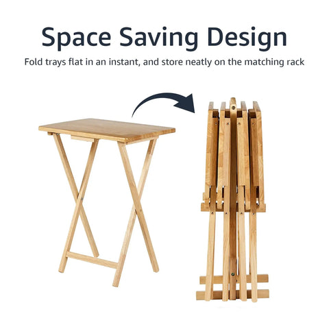 Foldable TV Dinner Tray Set With Storage Rack 4 Pack Natural Finish Portable Desk And Play Surface, trays folded and unfolded