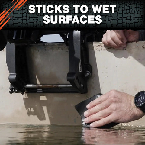 Rugged Heavy Duty Waterproof Repair Tape For Wet And Underwater Surfaces Patch Leaks Indoors Outdoors Black 4 Inch By 5 Foot One Roll With Extra Thick Rubberized Adhesive applied on wet surface.