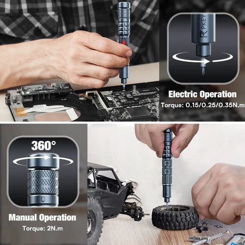 Cordless Mini Electric Screwdriver Set With 28 Magnetic Bits, 3 Gear Torque, used on electronics and model car repair.