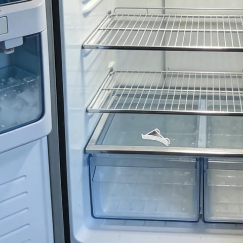 Open fridge showing 8 Pack Aluminum Shelf Clips for Fridge and Freezer, Heavy Duty Clamp Hooks and Brackets on shelf