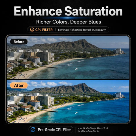 Before and after using 52mm Clip On CPL Phone Camera Lens Filter Kit For iPhone Models 11 Through 17 Circular Polarizer Filter Pro