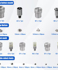 Grab And Go No Fuss All In One Manual Rivet Press Kit components with snap button moulds, snap buttons, rivet mold, and double-sided rivets.